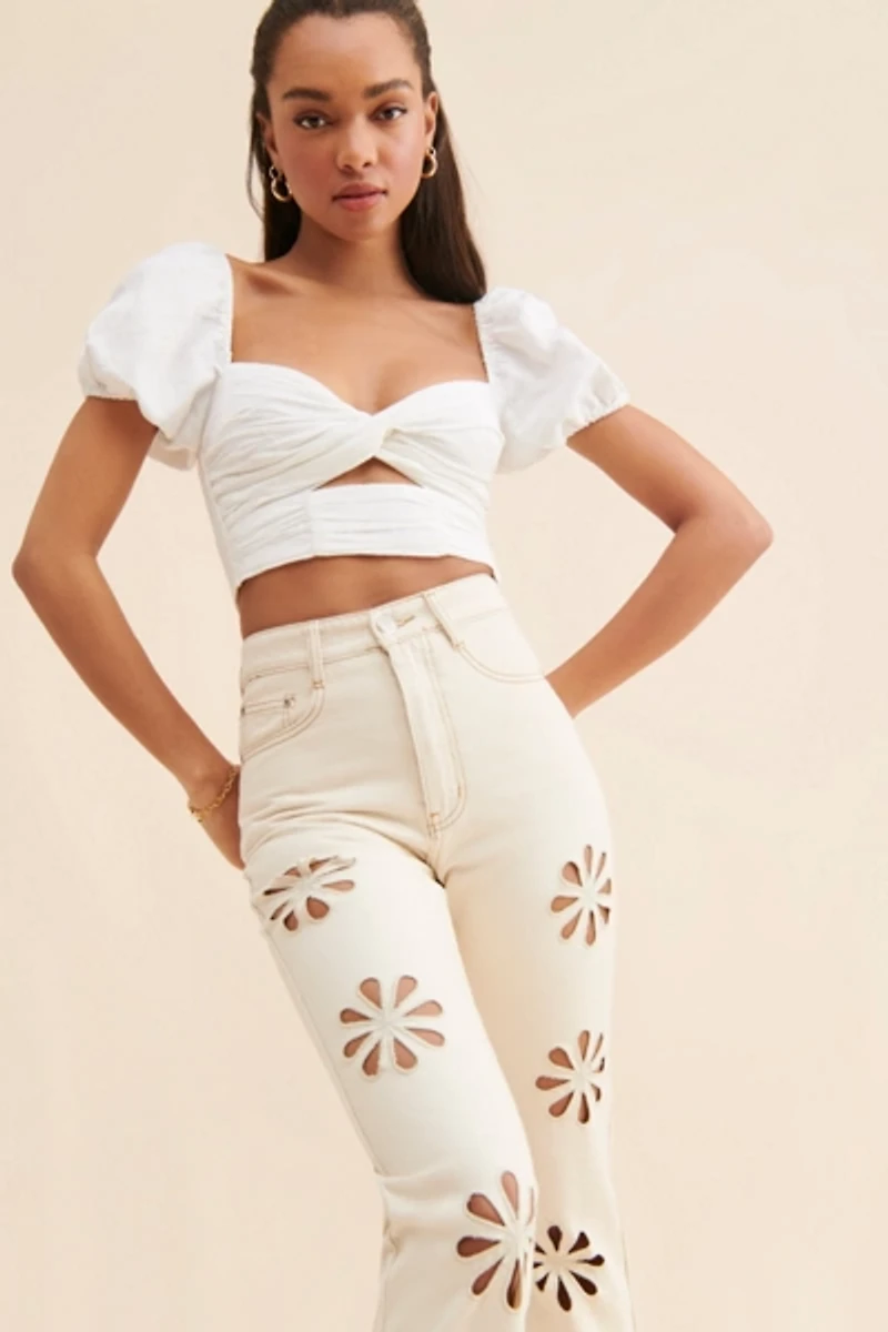 Glamorous Floral Cutout Jean