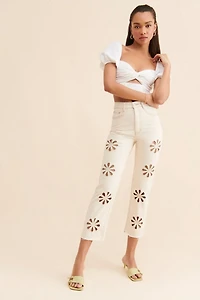 Glamorous Floral Cutout Jean