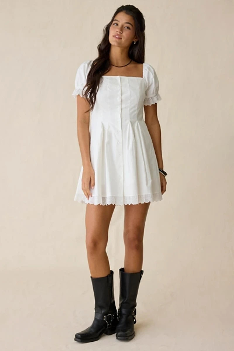 Daisy Street Teacup Lace Trim Puff Sleeve Mini Dress