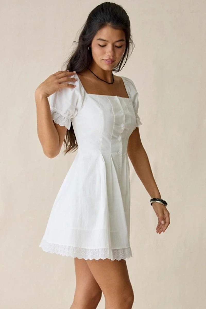 Daisy Street Teacup Lace Trim Puff Sleeve Mini Dress
