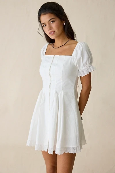 Daisy Street Teacup Lace Trim Puff Sleeve Mini Dress