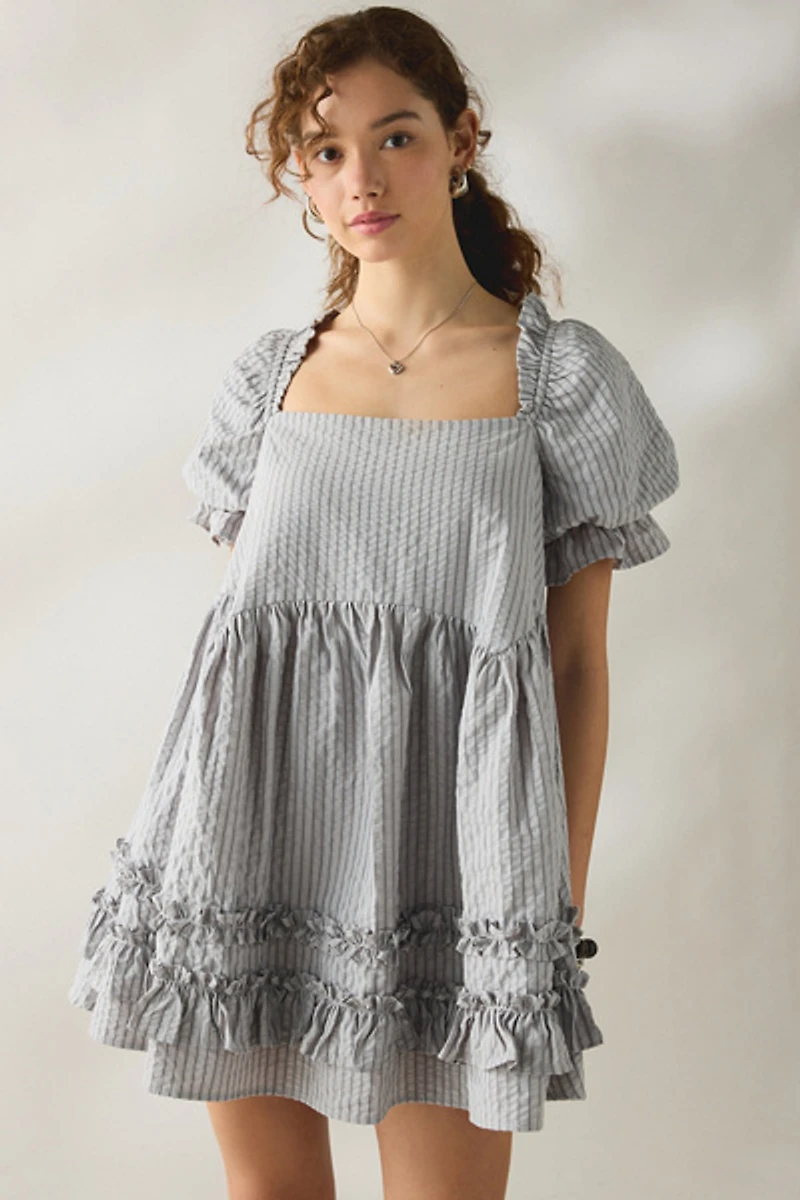 Daisy Street Seersucker Cotton Puff Sleeve Mini Dress