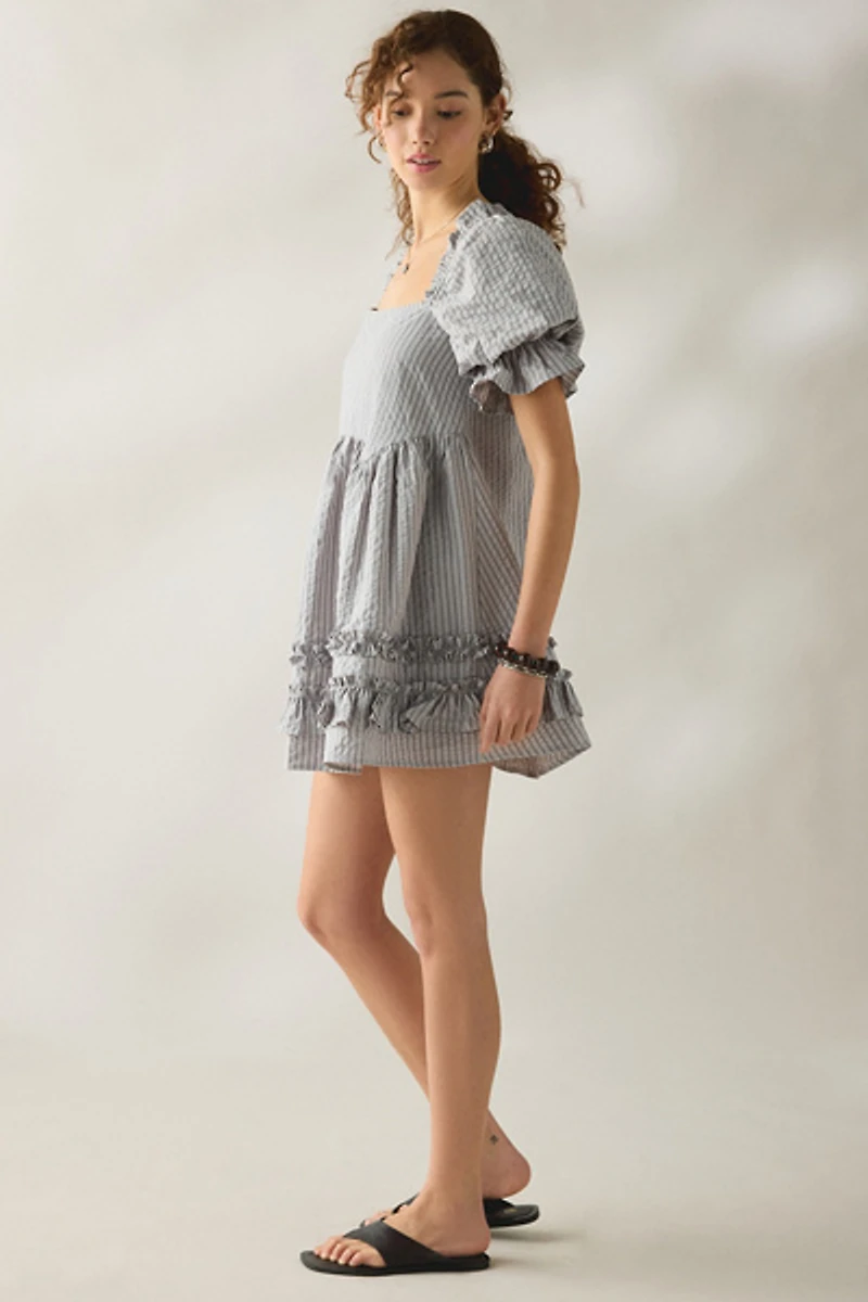 Daisy Street Seersucker Cotton Puff Sleeve Mini Dress
