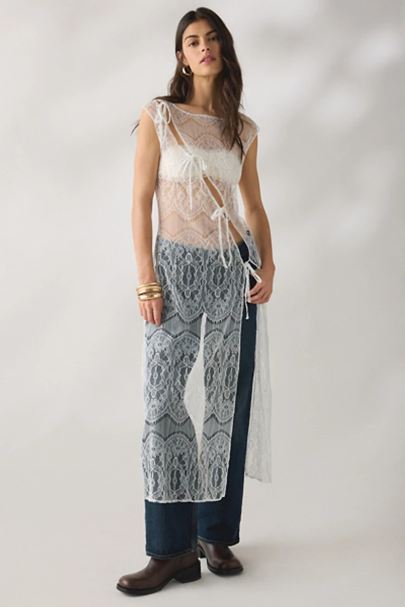 Daisy Street Charmer Sheer Lace Asymmetric Tie-Front Maxi Dress