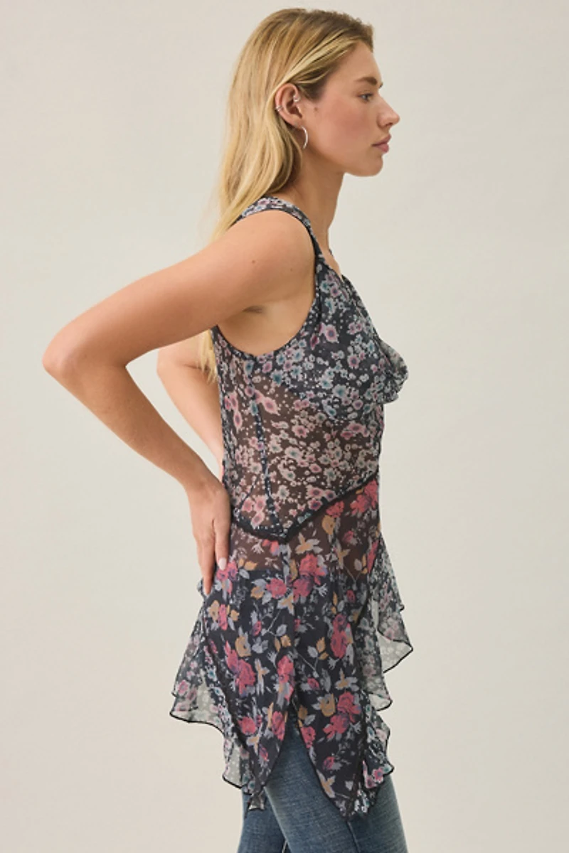 Kimchi Blue Jade Patchwork Floral Chiffon Asymmetric Cami