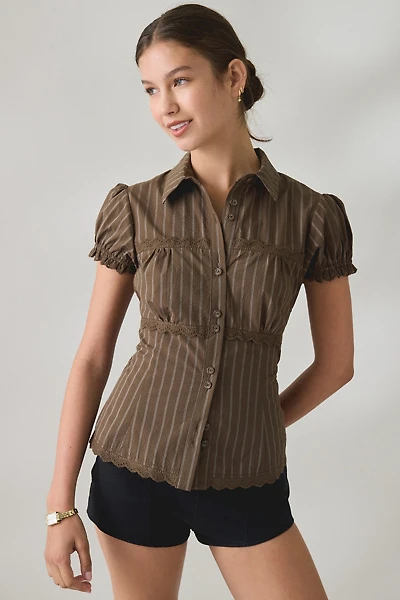 BDG Carolyn Lace Trim Puff Sleeve Button-Down Shirt