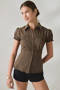 BDG Carolyn Lace Trim Puff Sleeve Button-Down Shirt