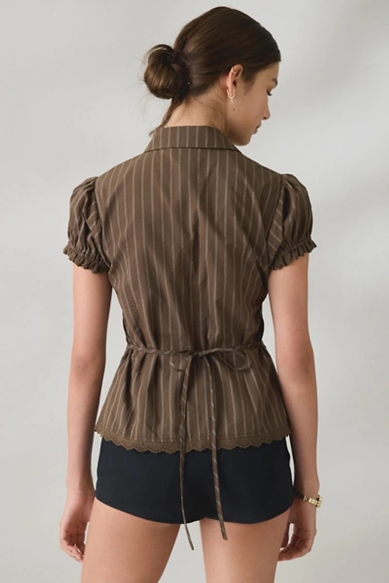 BDG Carolyn Lace Trim Puff Sleeve Button-Down Shirt