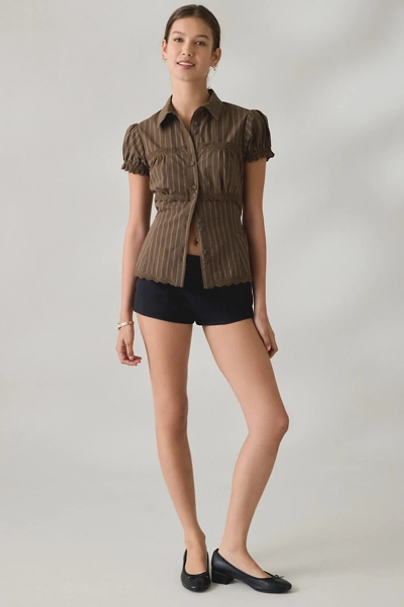BDG Carolyn Lace Trim Puff Sleeve Button-Down Shirt