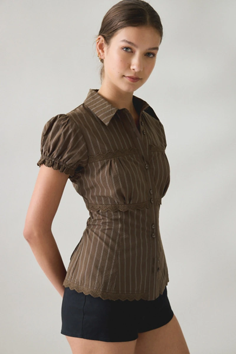 BDG Carolyn Lace Trim Puff Sleeve Button-Down Shirt