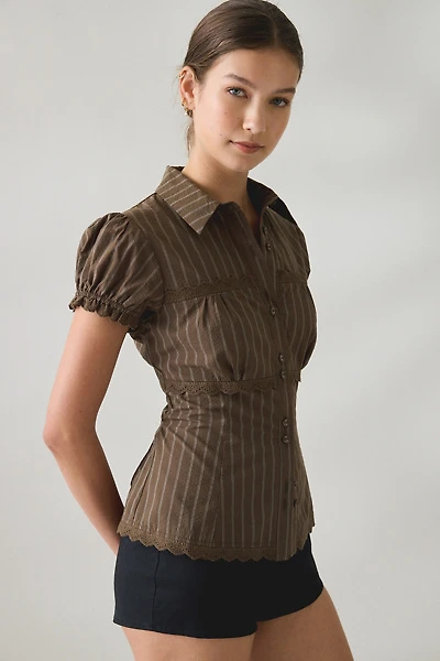 BDG Carolyn Lace Trim Puff Sleeve Button-Down Shirt