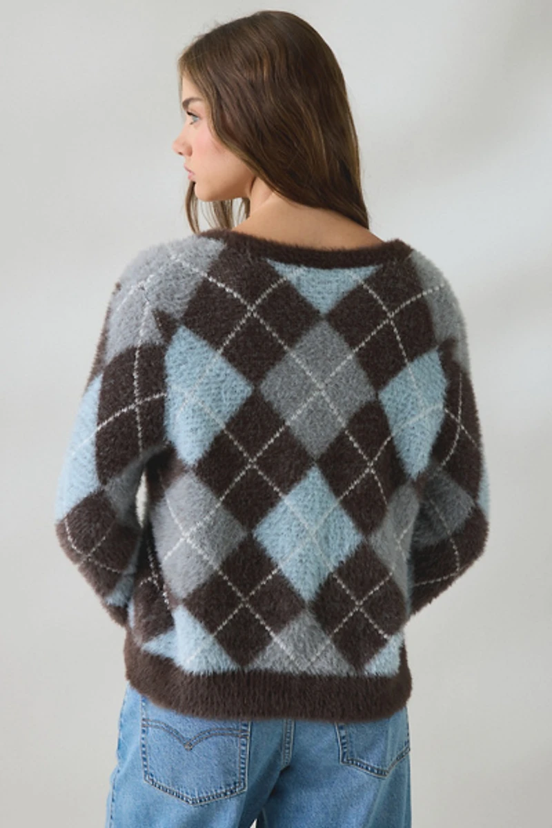 BDG Kennedy Argyle Fuzzy Knit Oversized Cardigan
