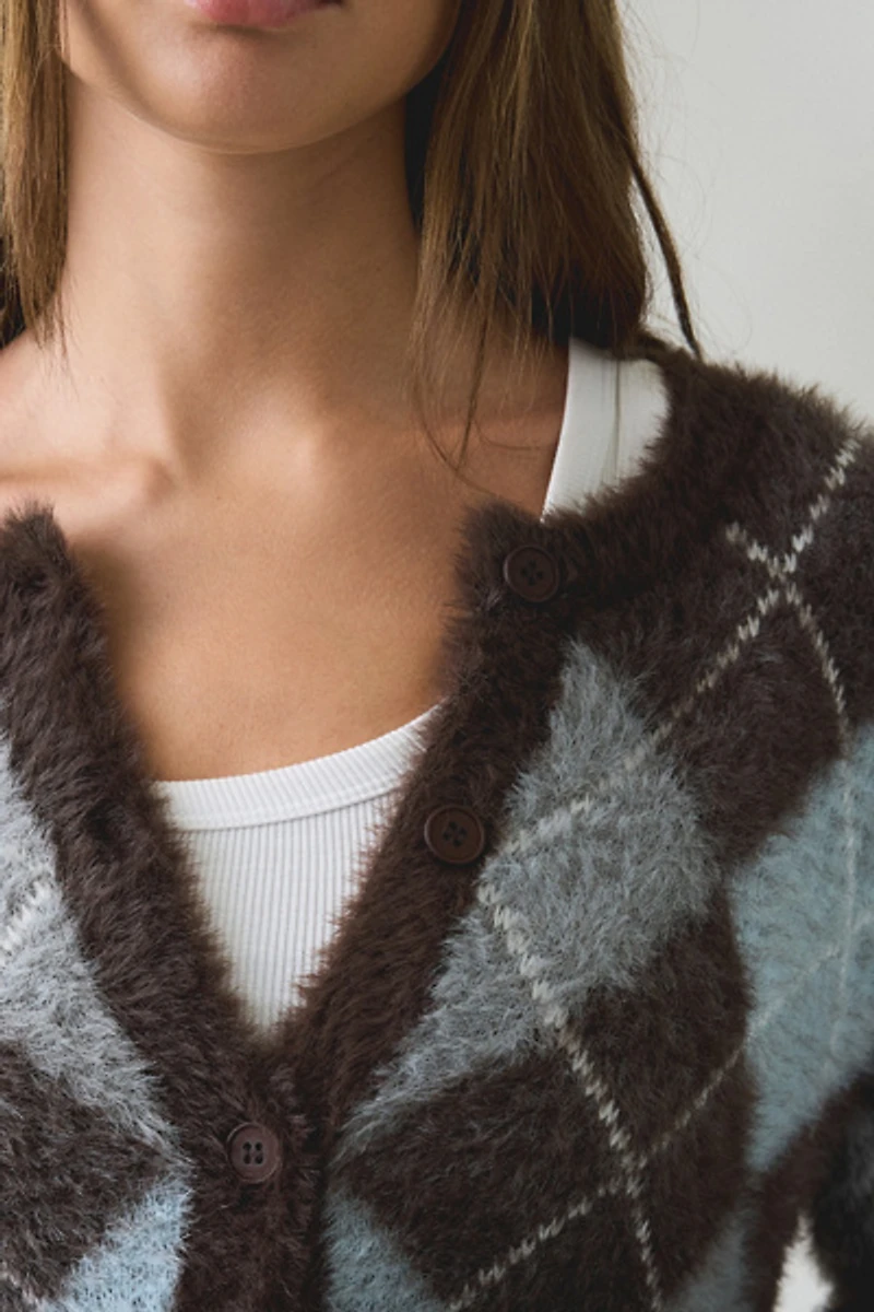 BDG Kennedy Argyle Fuzzy Knit Oversized Cardigan