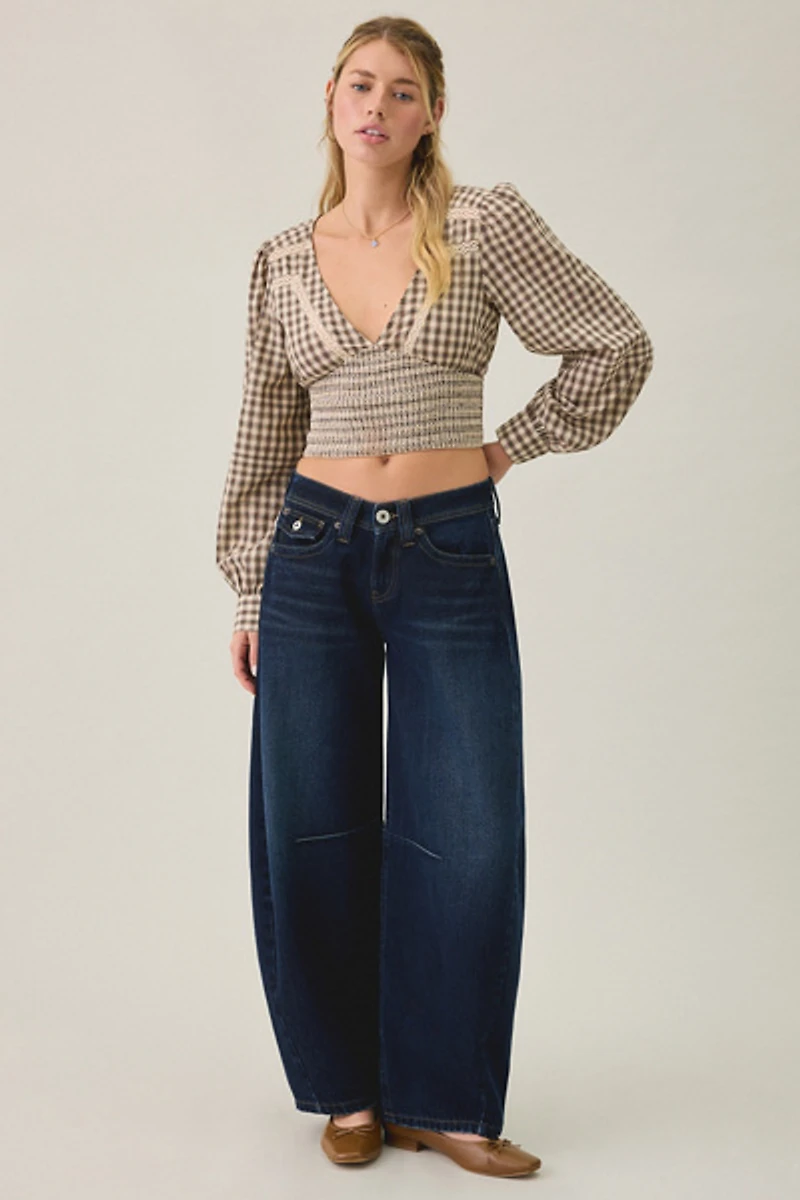BDG Sally Cropped V-Neck Long Sleeve Smocked Blouse