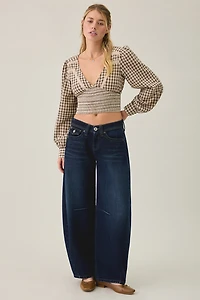 BDG Sally Cropped V-Neck Long Sleeve Smocked Blouse
