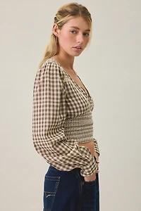 BDG Sally Cropped V-Neck Long Sleeve Smocked Blouse
