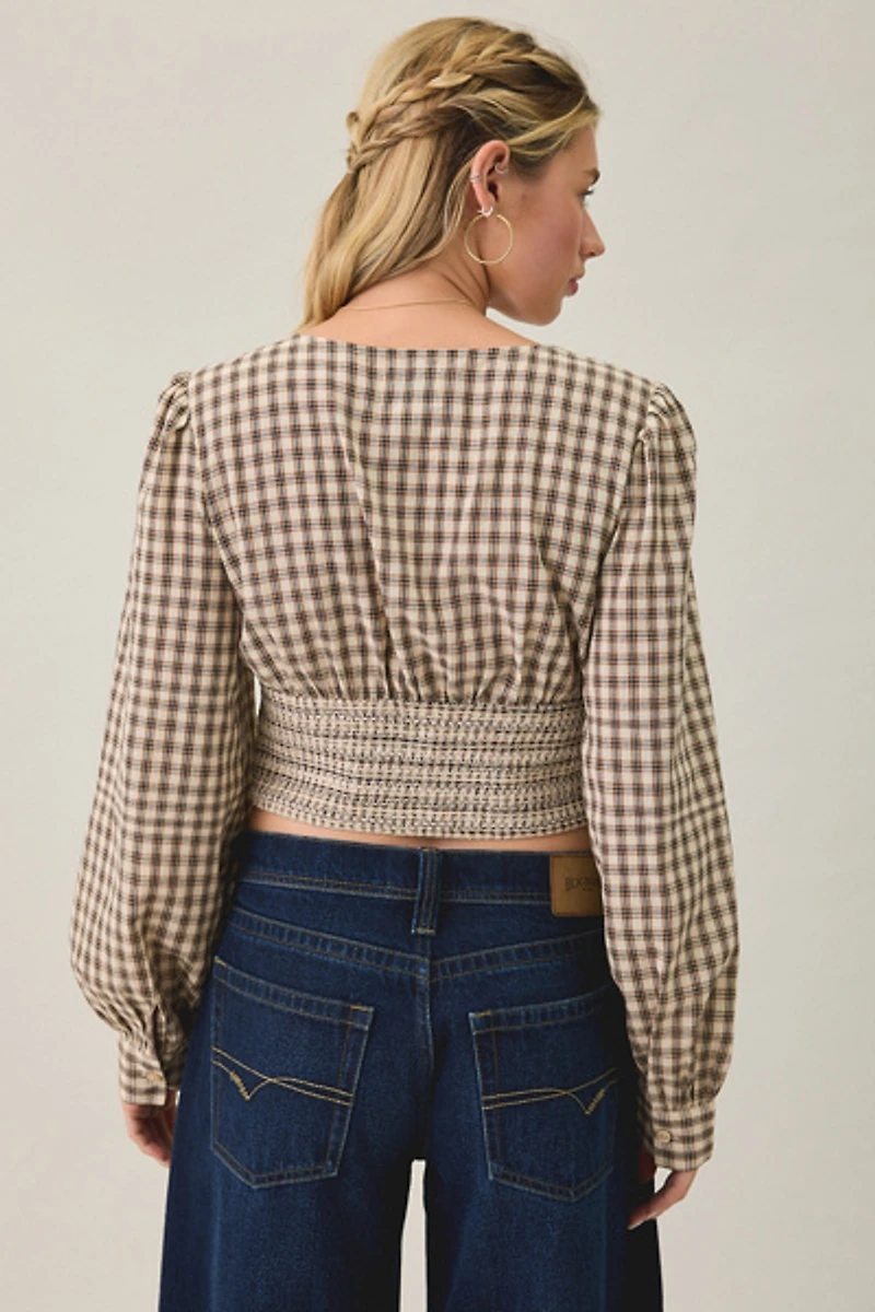 BDG Sally Cropped V-Neck Long Sleeve Smocked Blouse