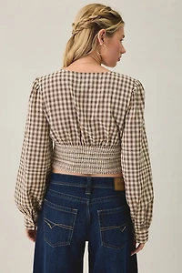 BDG Sally Cropped V-Neck Long Sleeve Smocked Blouse