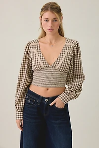 BDG Sally Cropped V-Neck Long Sleeve Smocked Blouse