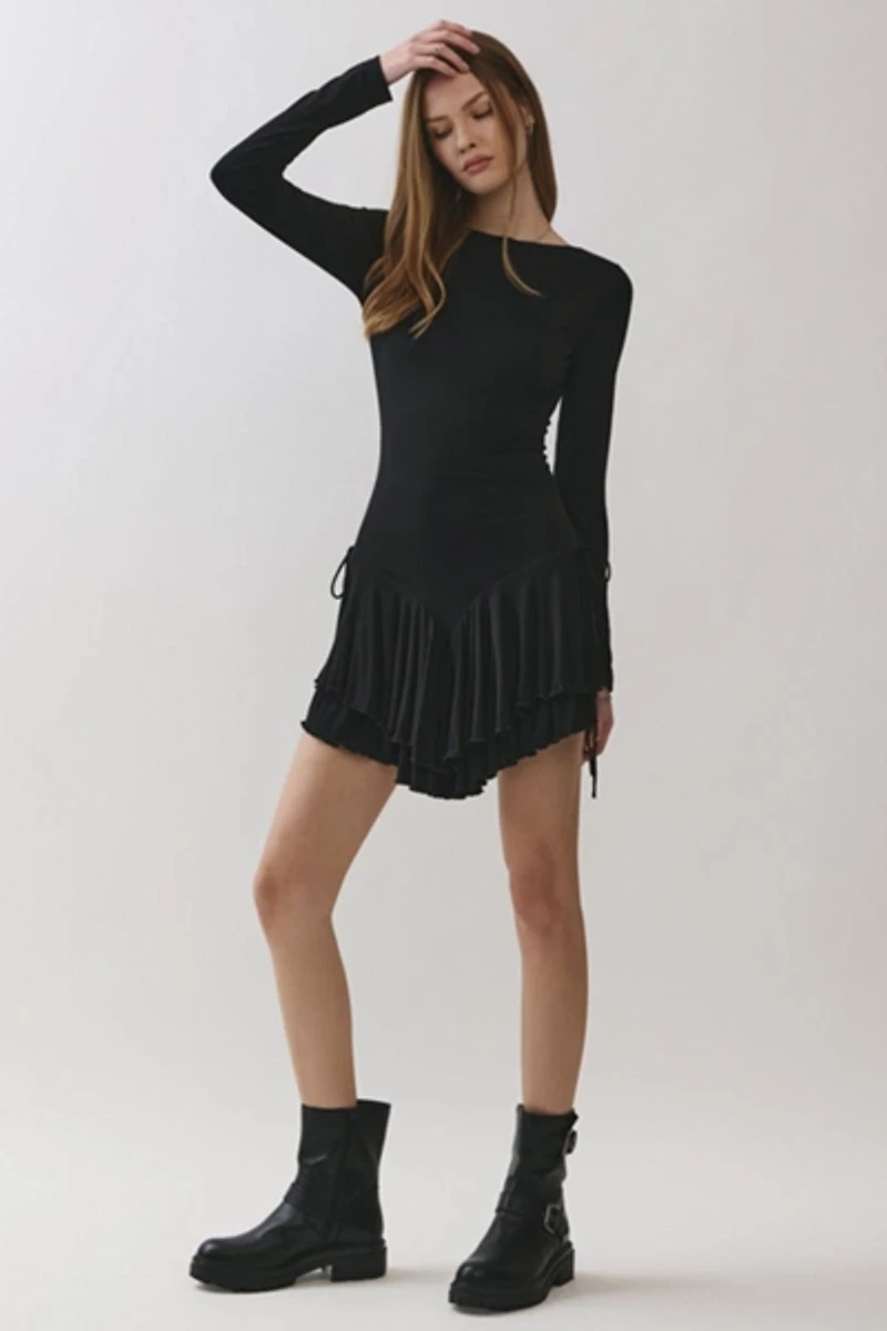 Personal Code Madeline Long Sleeve Ruffle Mini Dress With Open Back