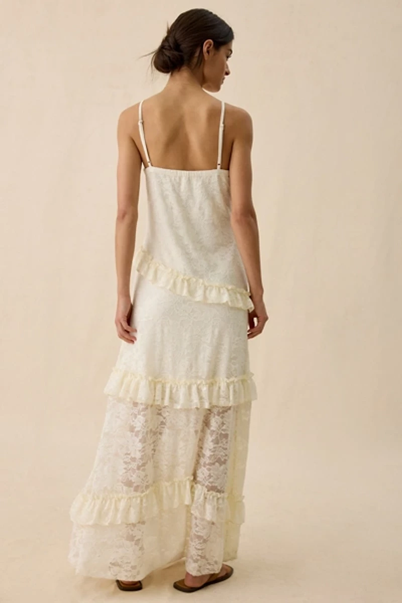 Kimchi Blue Stardust Petals Asymmetric Ruffle Lace Maxi Dress