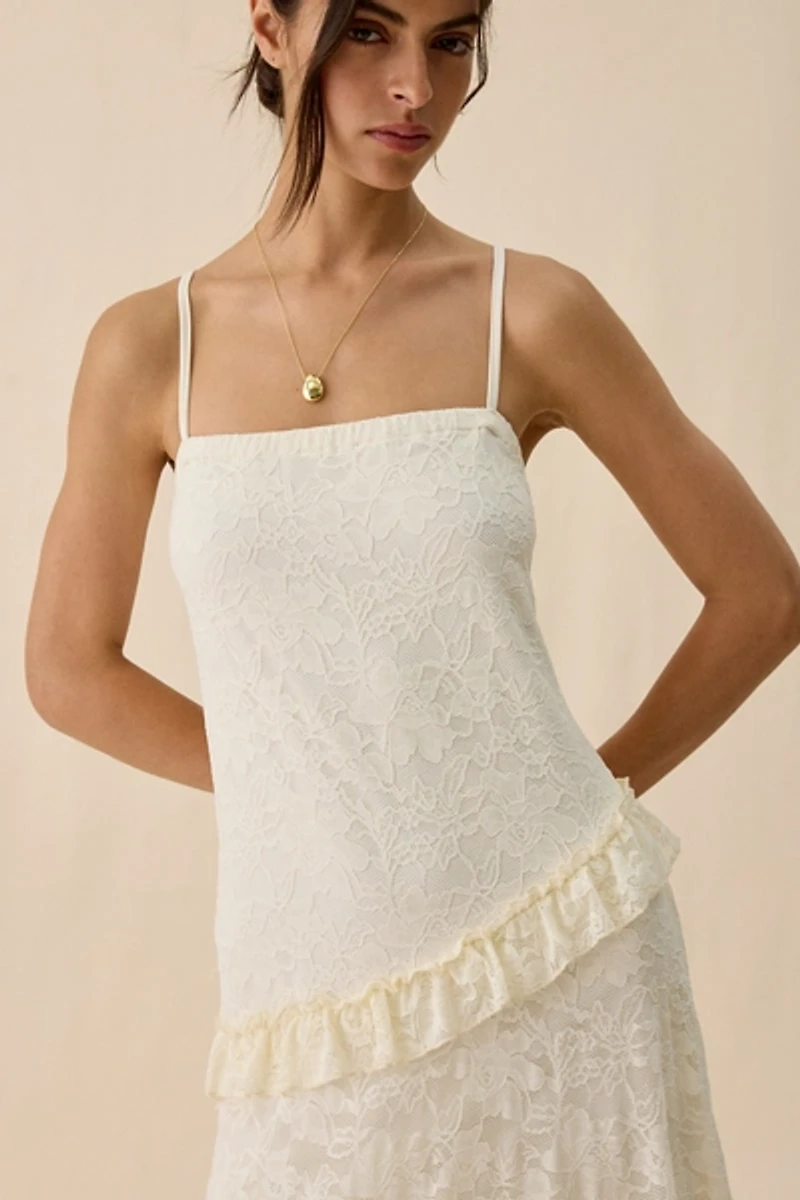 Kimchi Blue Stardust Petals Asymmetric Ruffle Lace Maxi Dress