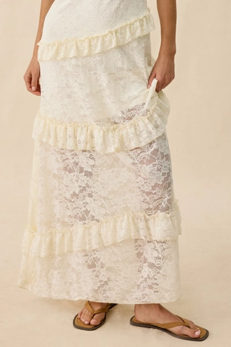 Kimchi Blue Stardust Petals Asymmetric Ruffle Lace Maxi Dress