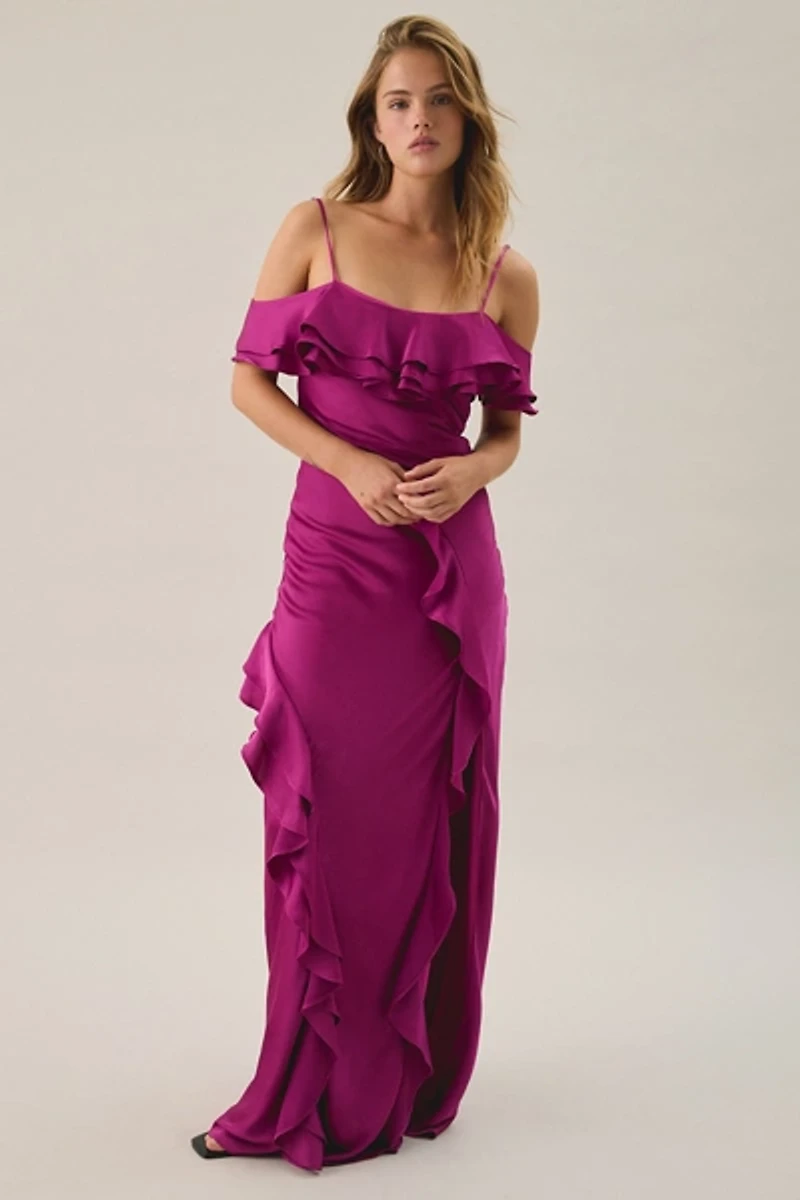 Lulus Aviva Berry Asymmetric Ruffle Off-The-Shoulder Maxi Dress