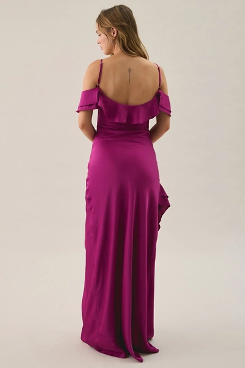 Lulus Aviva Berry Asymmetric Ruffle Off-The-Shoulder Maxi Dress