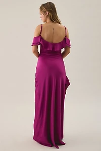 Lulus Aviva Berry Asymmetric Ruffle Off-The-Shoulder Maxi Dress
