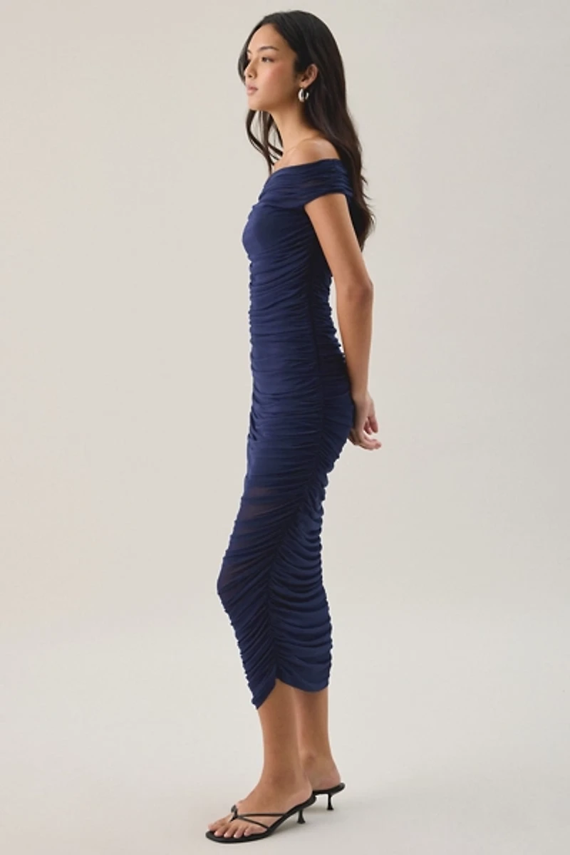 Lulus Claudia Ruched Off-The-Shoulder Mesh Midi Dress