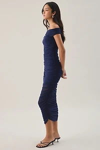 Lulus Claudia Ruched Off-The-Shoulder Mesh Midi Dress