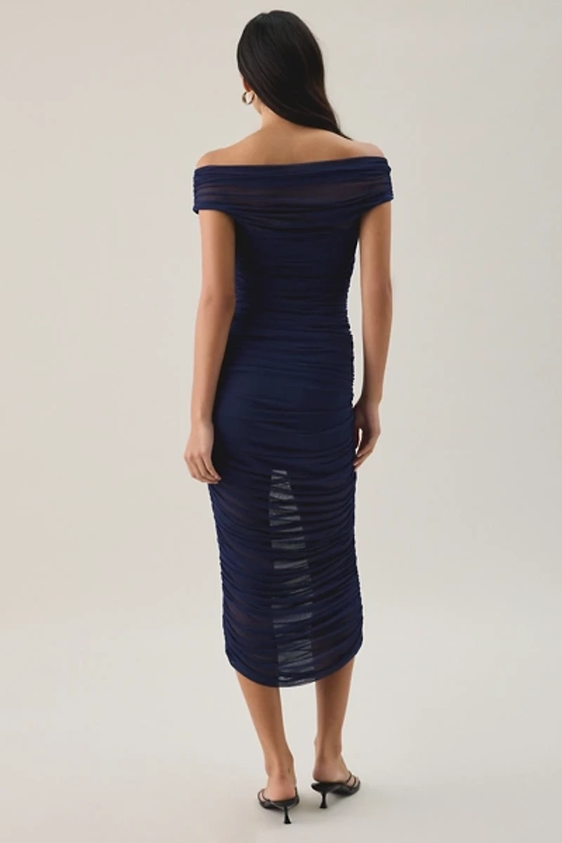 Lulus Claudia Ruched Off-The-Shoulder Mesh Midi Dress