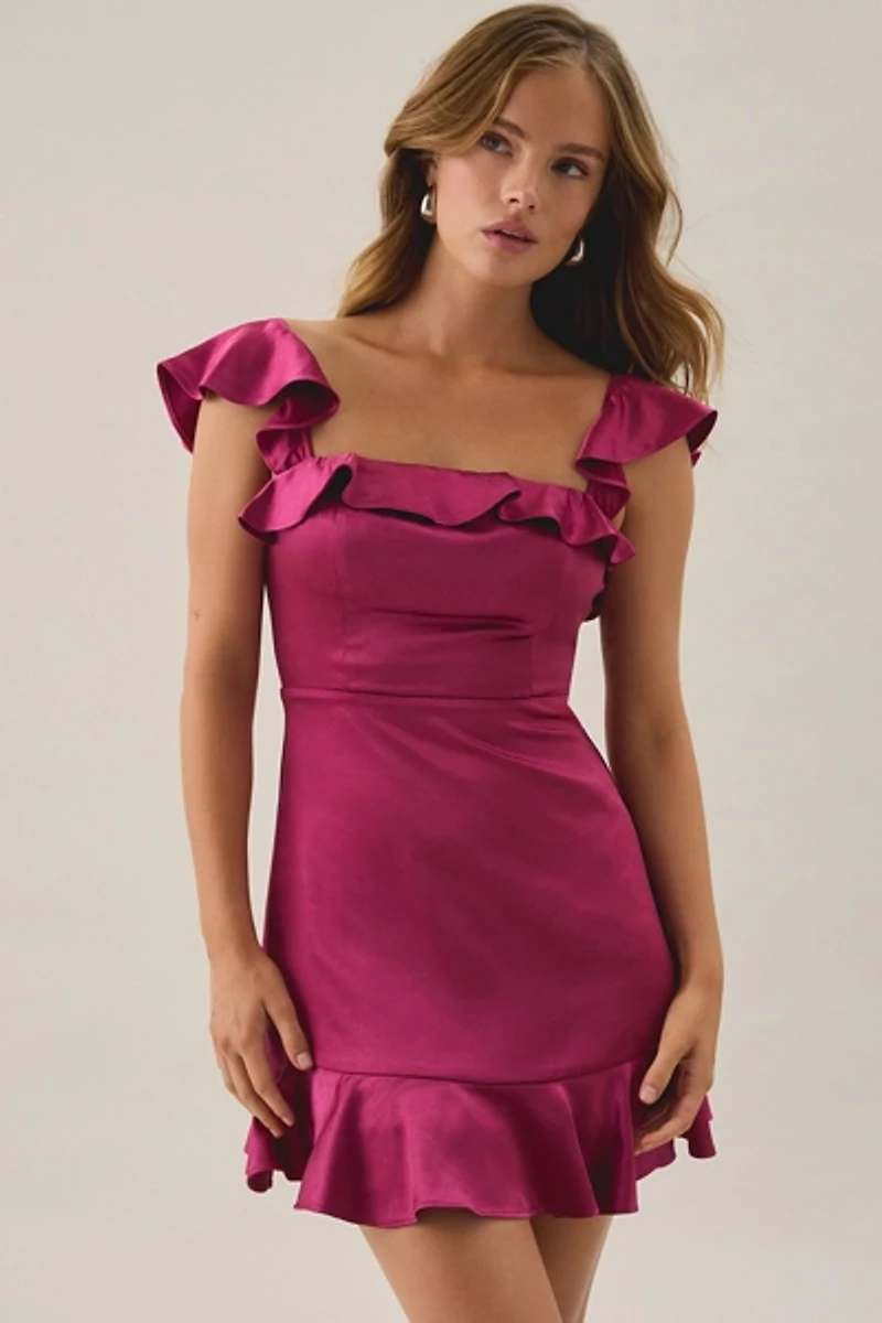 Lulus Sunny Square Neck Ruffle Satin Mini Dress
