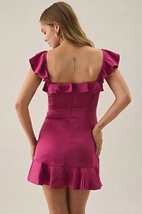 Lulus Sunny Square Neck Ruffle Satin Mini Dress
