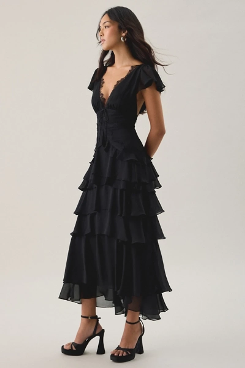 Lulus Sai Tiered Ruffle Flutter Sleeve Midi Dress