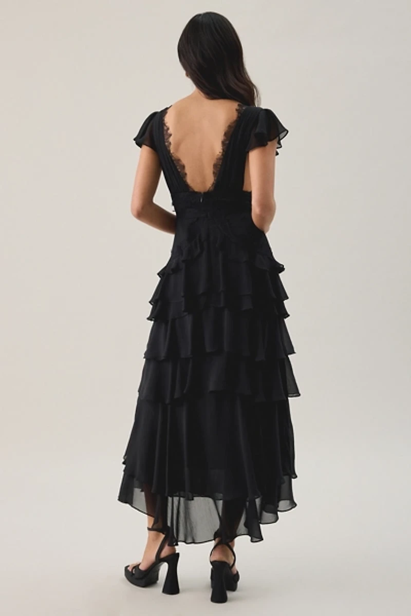 Lulus Sai Tiered Ruffle Flutter Sleeve Midi Dress