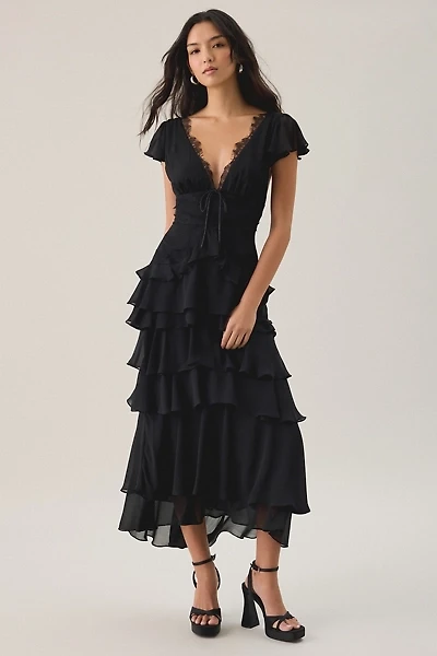 Lulus Sai Tiered Ruffle Flutter Sleeve Midi Dress