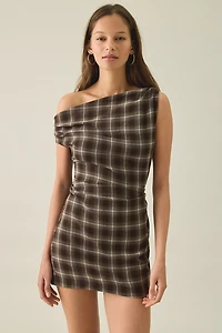 BDG Checked Out Draped Asymmetric Off-The-Shoulder Mini Dress