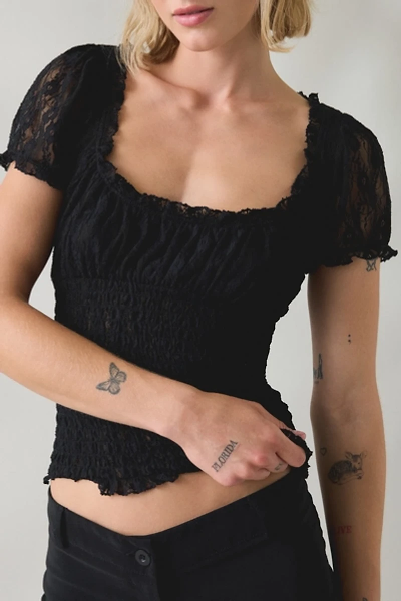 BDG Flora Lace Smocked Square Neck Milkmaid Blouse