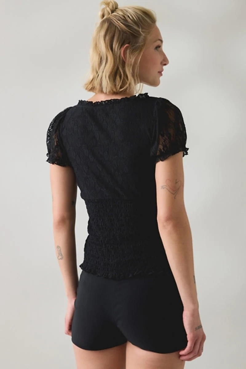 BDG Flora Lace Smocked Square Neck Milkmaid Blouse