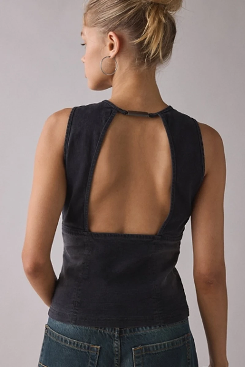 UO Nicola Plunging Keyhole Cutout Zip-Front Denim Vest Top