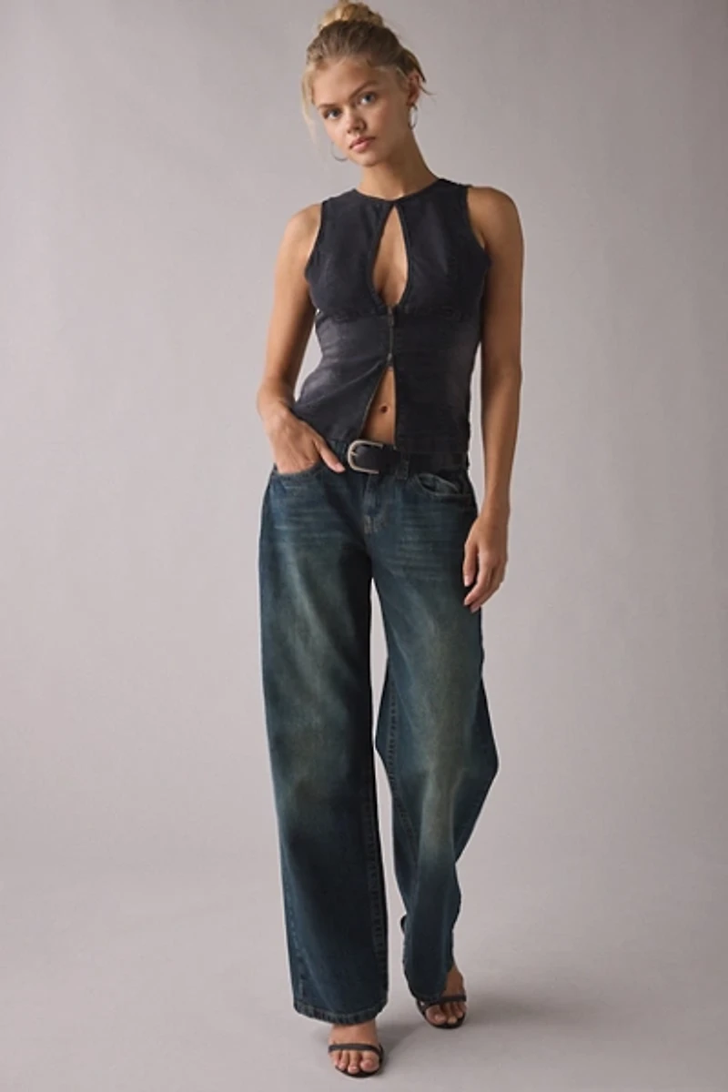 UO Nicola Plunging Keyhole Cutout Zip-Front Denim Vest Top