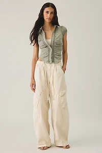 UO Brynn Textured Puff Sleeve Button-Down Shirt