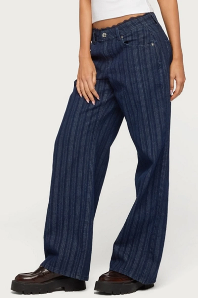 Edikted Lace Trim Striped Low Rise Baggy Jean