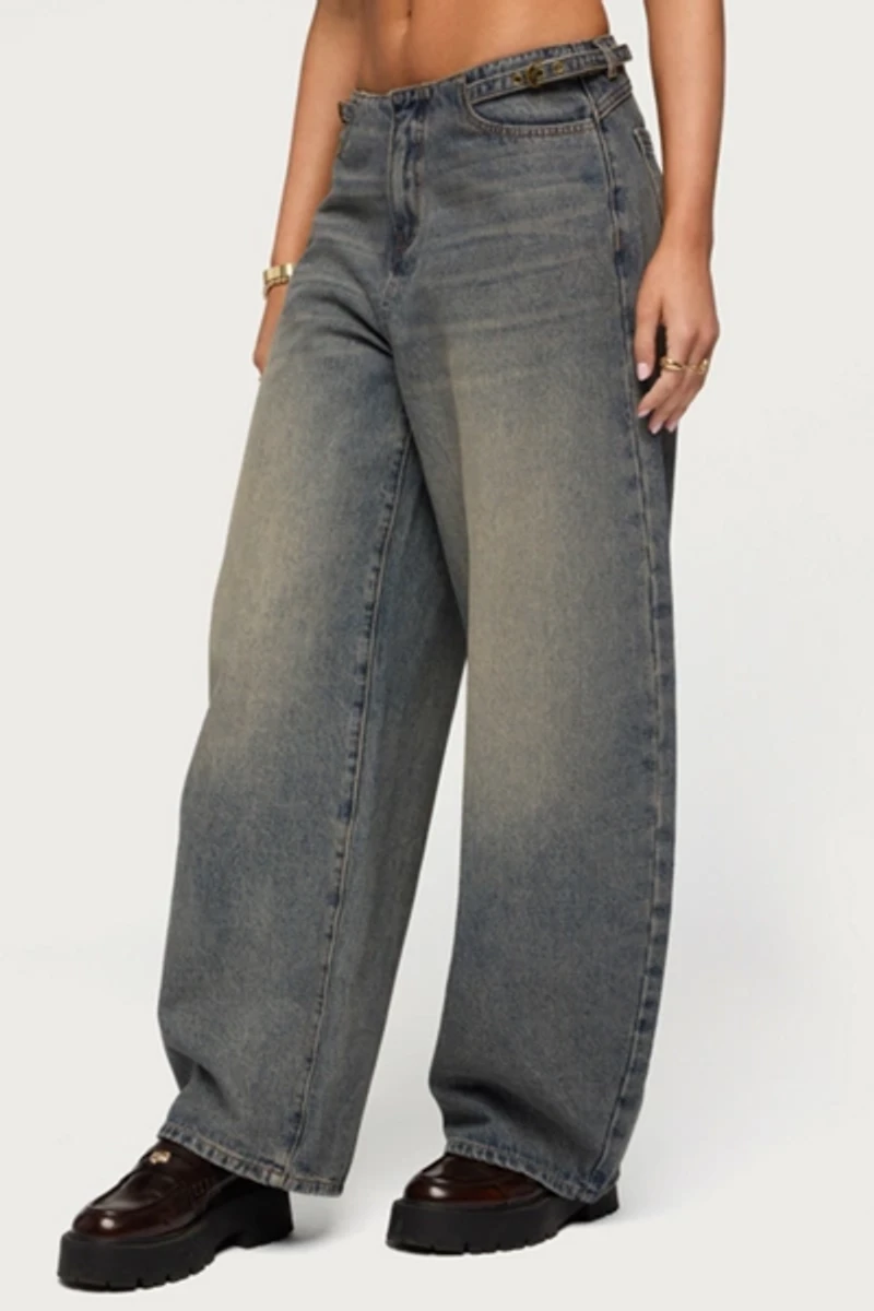 Edikted Side Belt Low Rise Barrel Jean