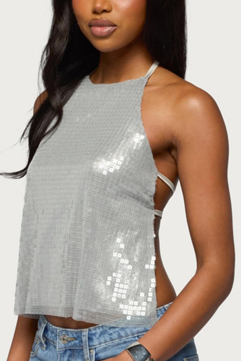 Edikted Itara Sequin Backless Halter Top