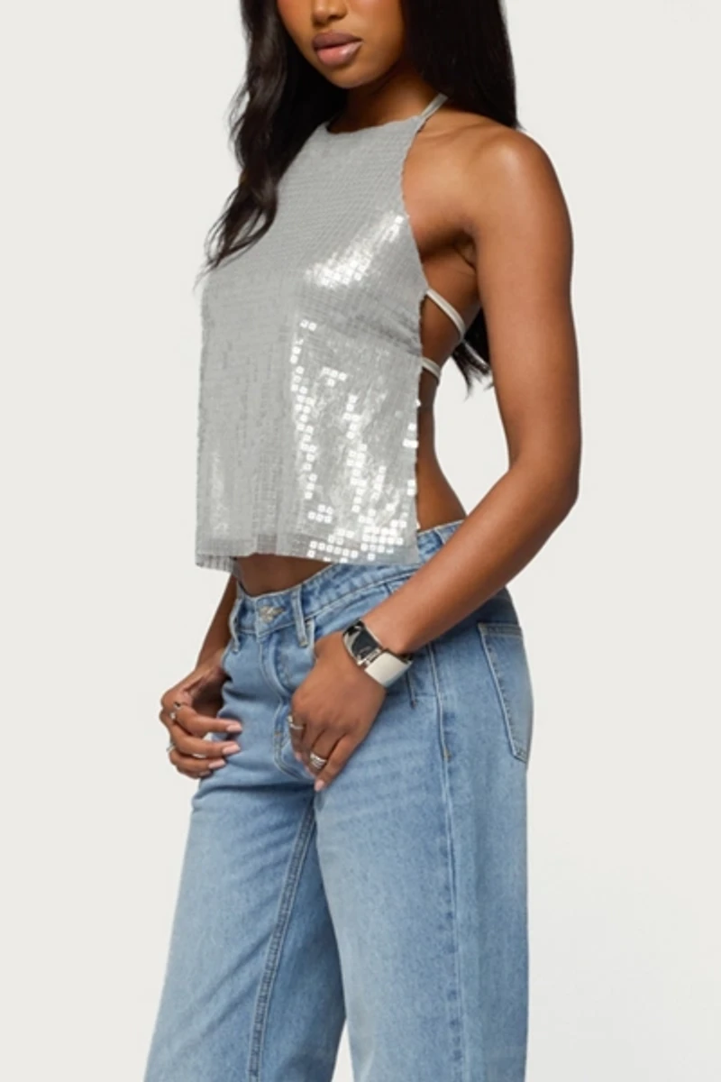 Edikted Itara Sequin Backless Halter Top