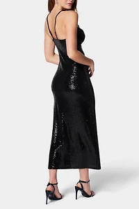 Bebe Sequin Spaghetti Strap Midi Dress