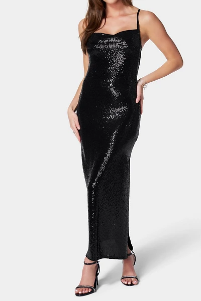 Bebe Sequin Spaghetti Strap Midi Dress